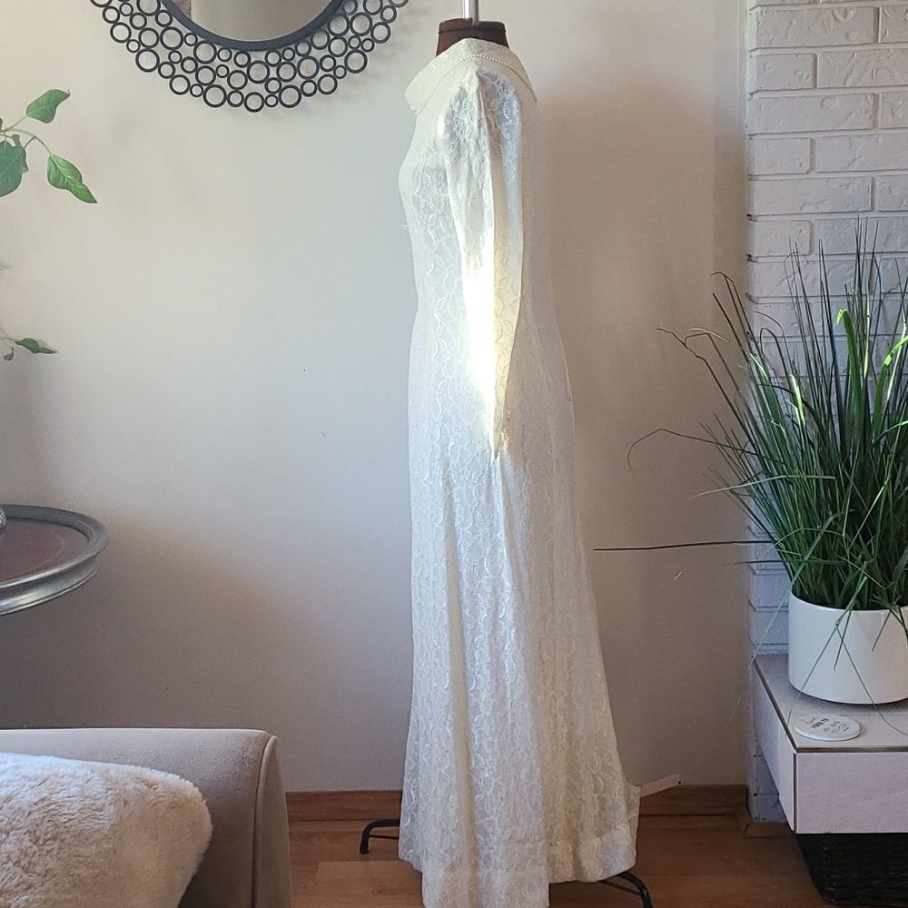 Vintage 60s 70s Ivory Lace Cowl Neck Gown Wedding S  - Picture 5 of 8